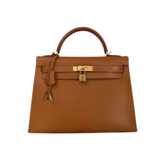 Hermes Kelly Bag 32cm In Gold Box Leather With Gold Hardware