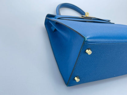 Hermes Kelly Sellier Bag 28cm In Blue Epsom Leather With Gold Hardware