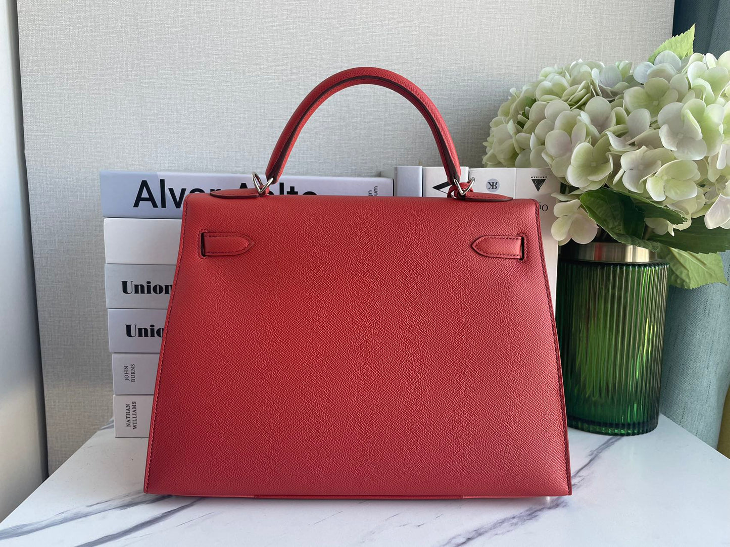 Hermes Kelly 32cm Bag Sellier Flag in Flamingo and Coral Epsom Leather with Palladium Hardware