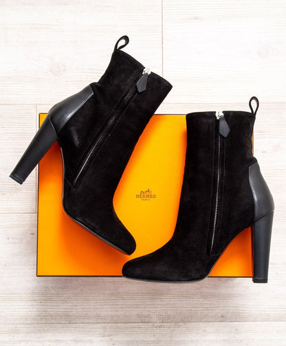 Hermes Fever  Black Suede and Leather Boots Size 38.5