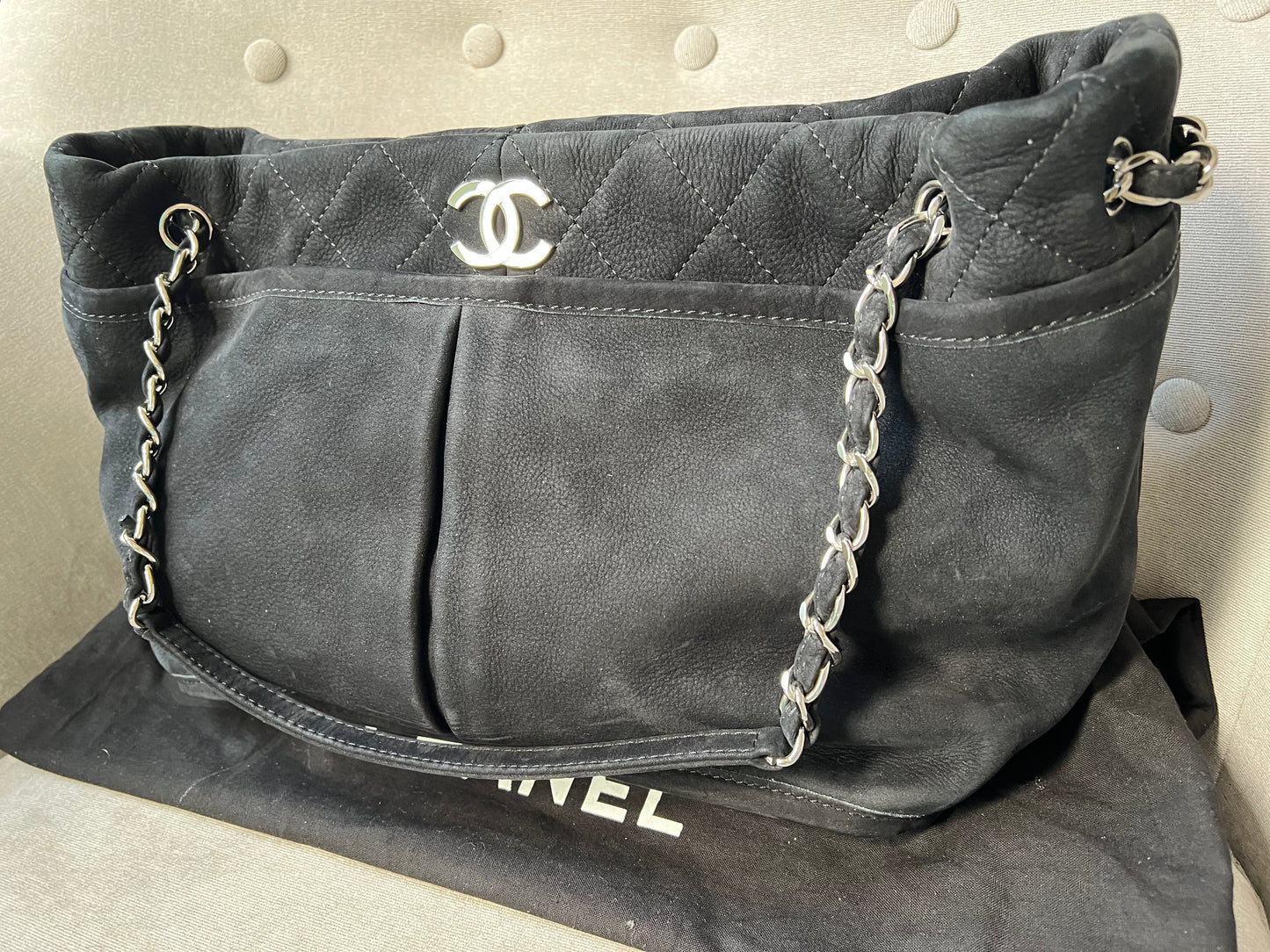 Chanel Natural Beauty Tote in Black Suede Nubuck Caviar with Silver Hardware