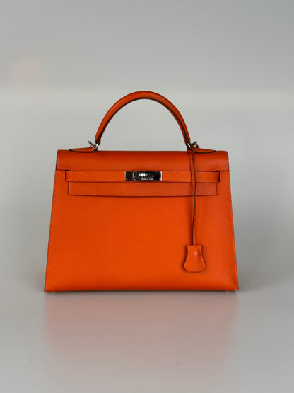 Hermes Kelly Sellier Orange Epsom Leather Bag Silver Hardware