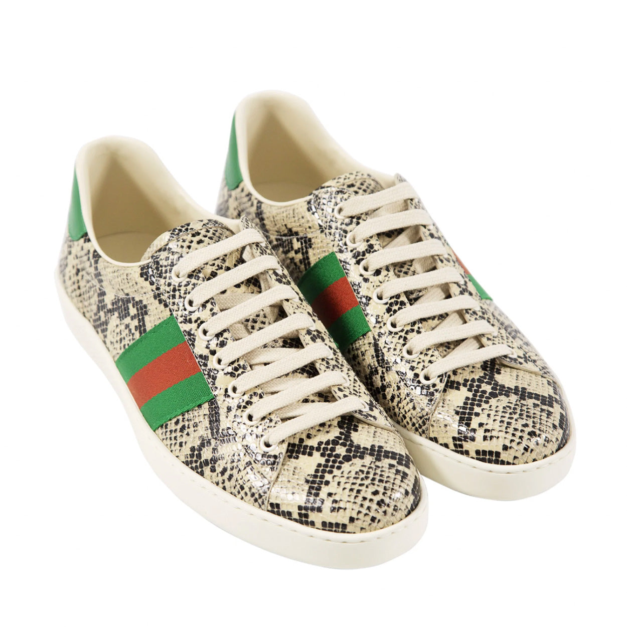 Gucci 386750 19Y30 9771 Men's Shoes Natural, Green & Red Python Print / Cafl-Skin Leather Casual Sneakers (GGM1724)