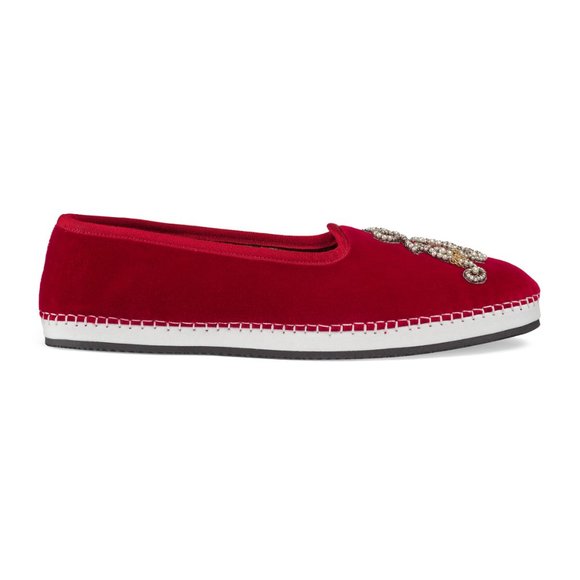 Gucci 574881 FAS60 6472 Men's Shoes Red Velvet 'AM' Appliqué Slip-On Loafers (GGM1726)