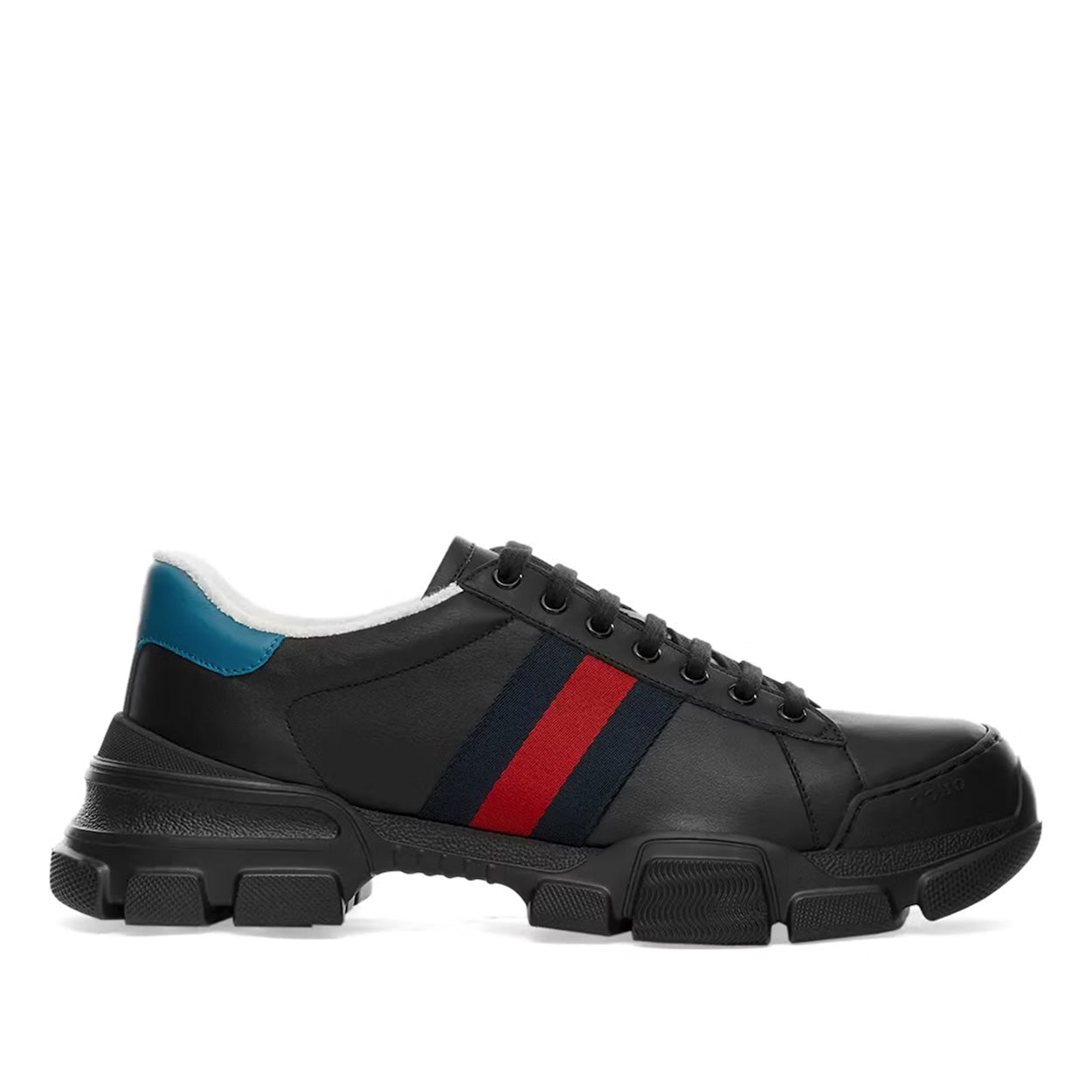 Gucci 624701 Nathane Men's Shoes Black, Red & Blue Calf-Skin Leather Web Casual Sneakers (GGM1729)