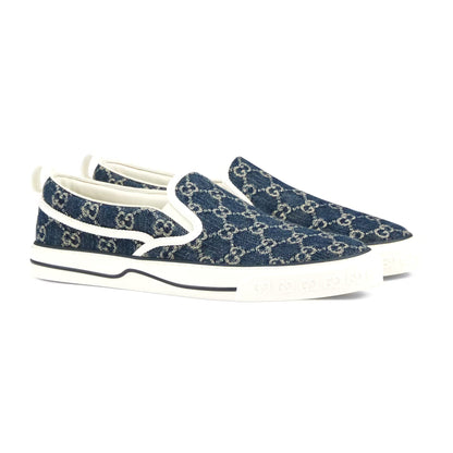 Gucci 643489 2KQ20 4465 Men's Shoes Blue & Ivory Jacquard Denim Slip-On Sneakers (GGM1730)