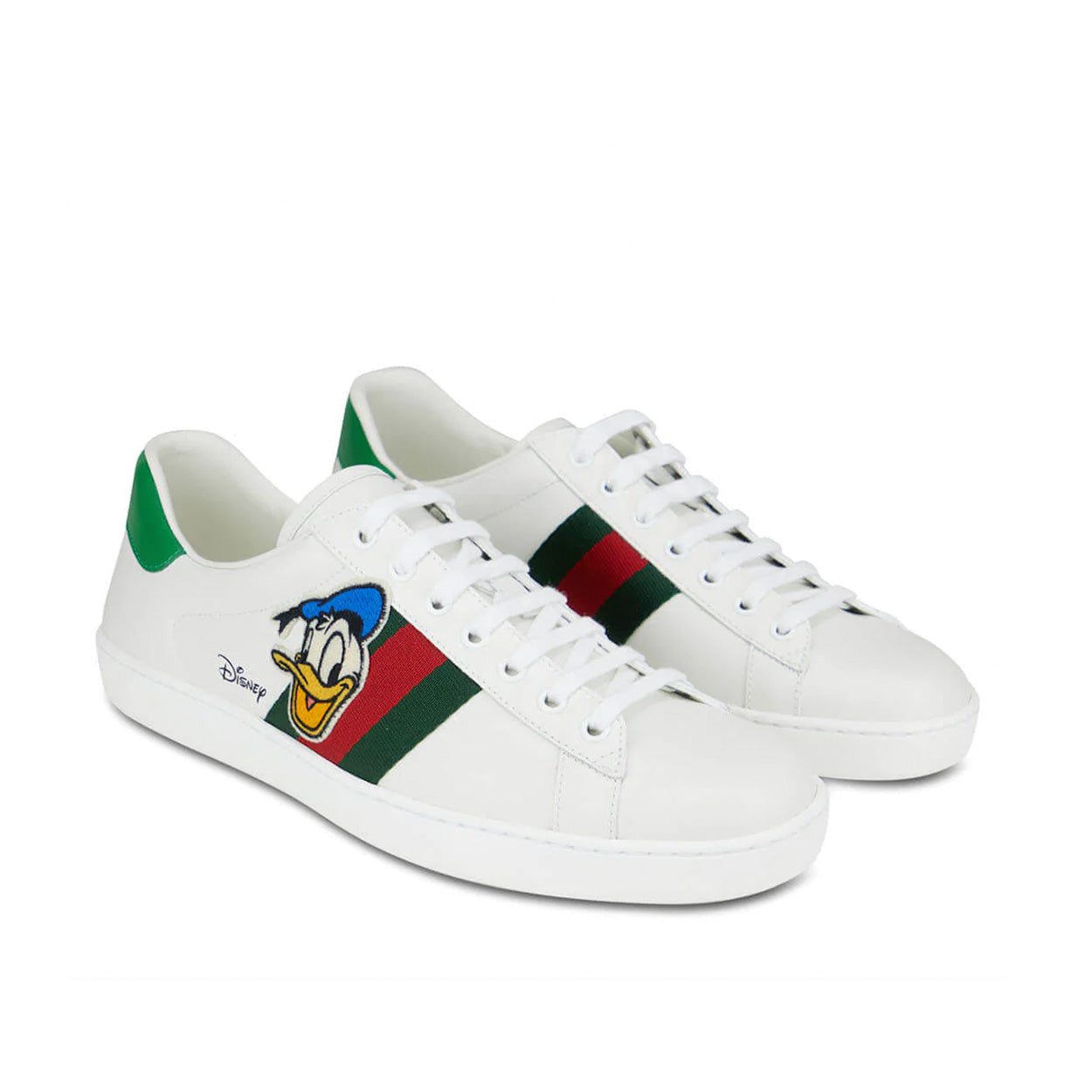 Gucci 649399 Ace Donald Duck Men's Shoes White, Red & Green Calf-Skin Leather Casual Sneakers (GGM1727)