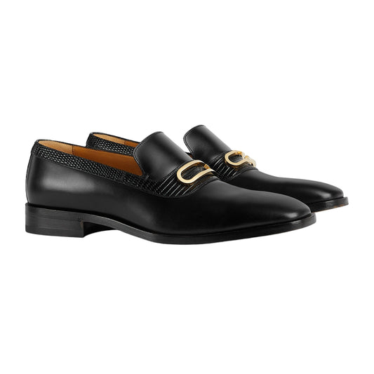 Gucci 750304 AACBM 1000 Men's Shoes Black Horse Calf-Skin Leather / Lizard Geometric G Slip-On Loafers  (GGM1742)