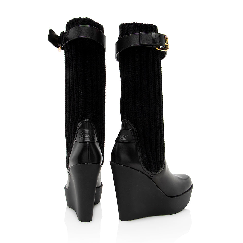 Gucci Leather Buckle Sock Wedge Boots - Size 6 / 36 (SHF-18840)