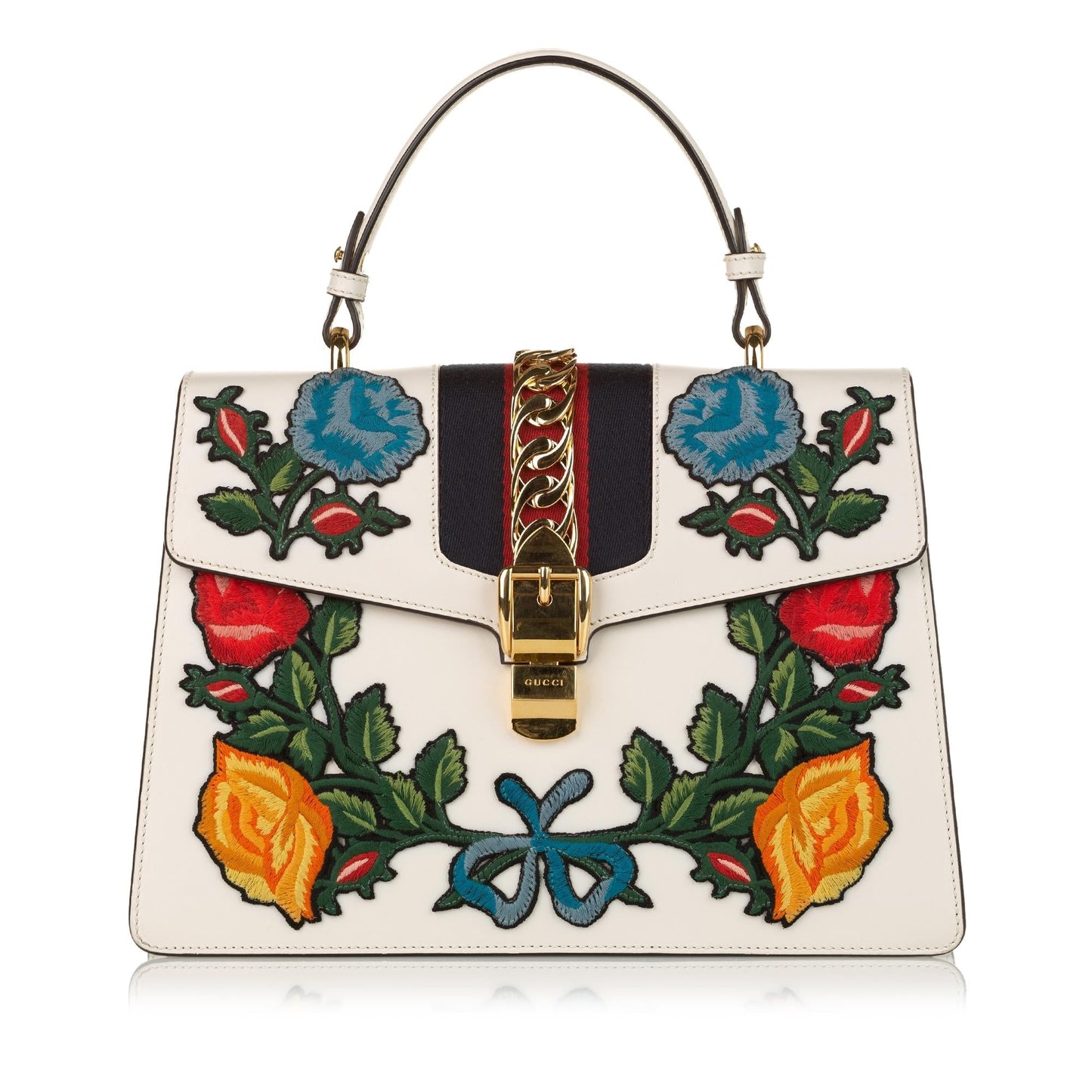 Gucci Medium Embroidered Leather Sylvie Satchel (SHG-33172)