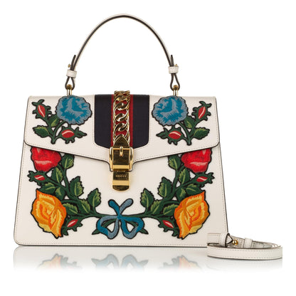 Gucci Medium Embroidered Leather Sylvie Satchel (SHG-33172)