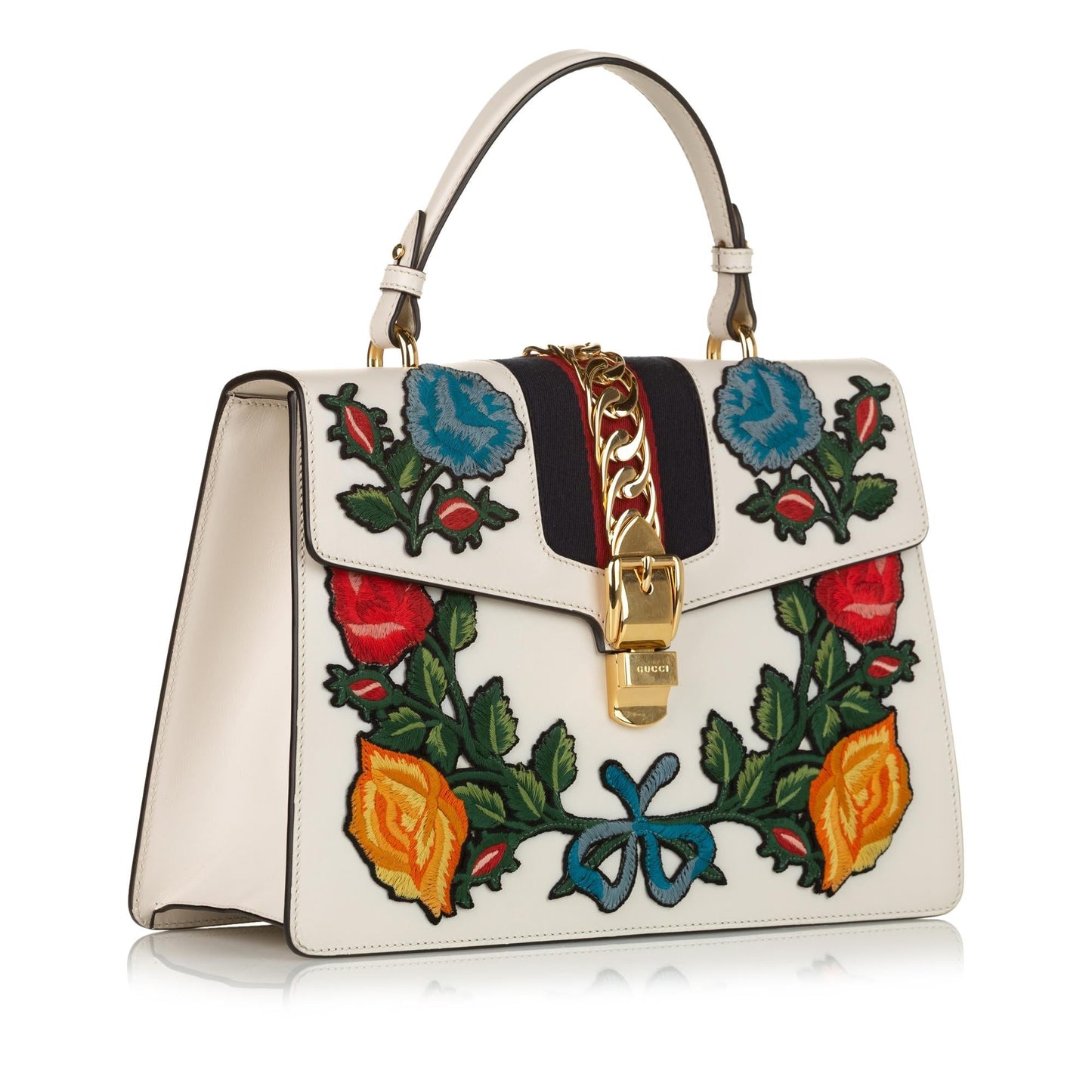 Gucci Medium Embroidered Leather Sylvie Satchel (SHG-33172)