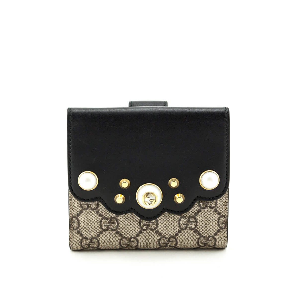 Gucci Beige GG Supreme Monogram Pearl Studded Compact Wallet