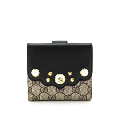 Gucci Beige GG Supreme Monogram Pearl Studded Compact Wallet