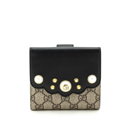 Gucci Beige GG Supreme Monogram Pearl Studded Compact Wallet