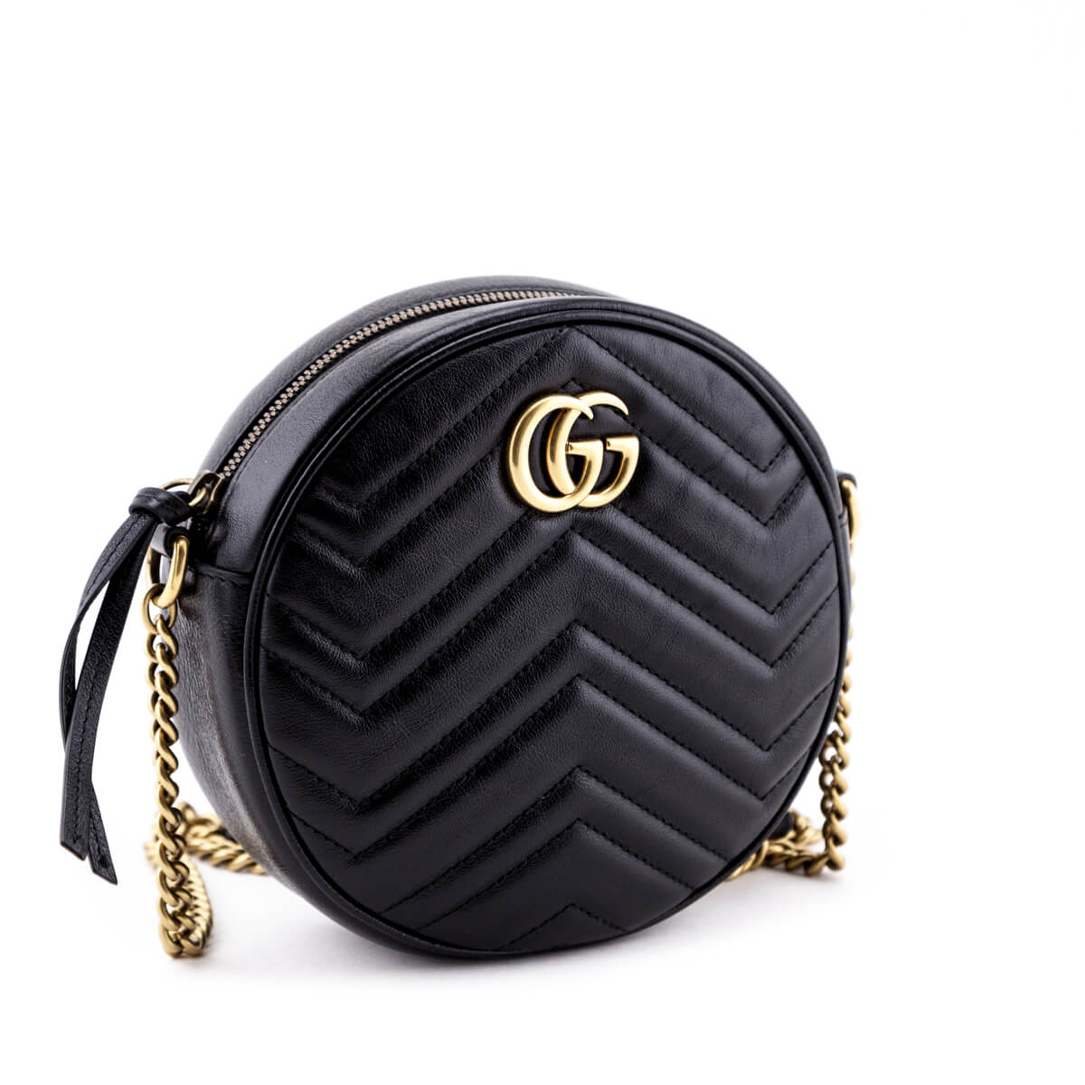 Gucci Black Calfskin Matelasse Mini Round GG Marmont Shoulder Bag