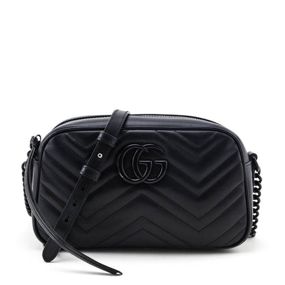 Gucci Black Calfskin Matelasse Small GG Marmont Chain Shoulder Bag