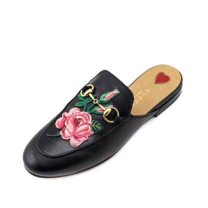 Gucci Black Leather Embroidered Princetown Mules Size US 6 | EU 36