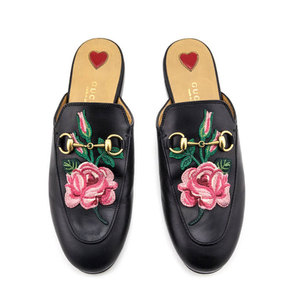 Gucci Black Leather Embroidered Princetown Mules Size US 6 | EU 36