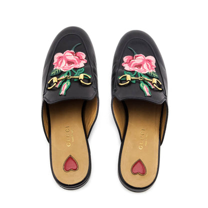 Gucci Black Leather Embroidered Princetown Mules Size US 6 | EU 36