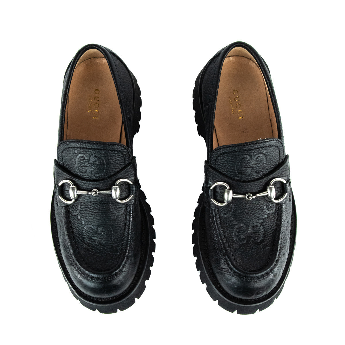 Gucci Black Leather GG Horsebit Lug Loafers Size US 7 | IT 37