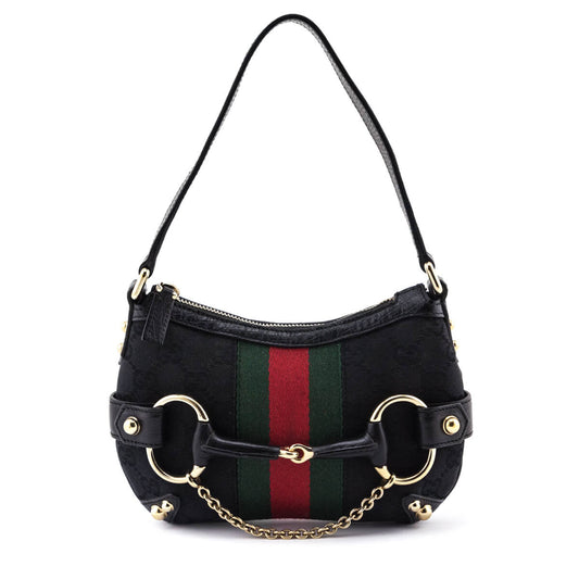 Gucci Black GG Monogram Small Horsebit Web Handbag