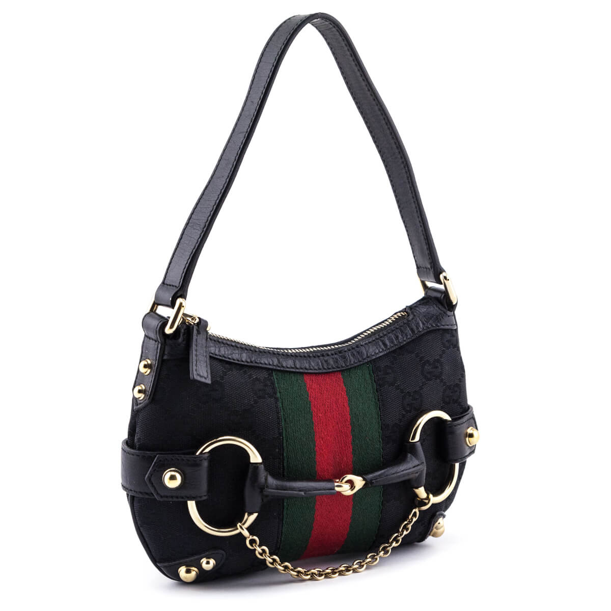 Gucci Black GG Monogram Small Horsebit Web Handbag