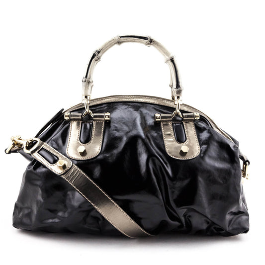 Gucci Black Patent Coated Fabric Dialux Pop Bamboo Bowler Bag