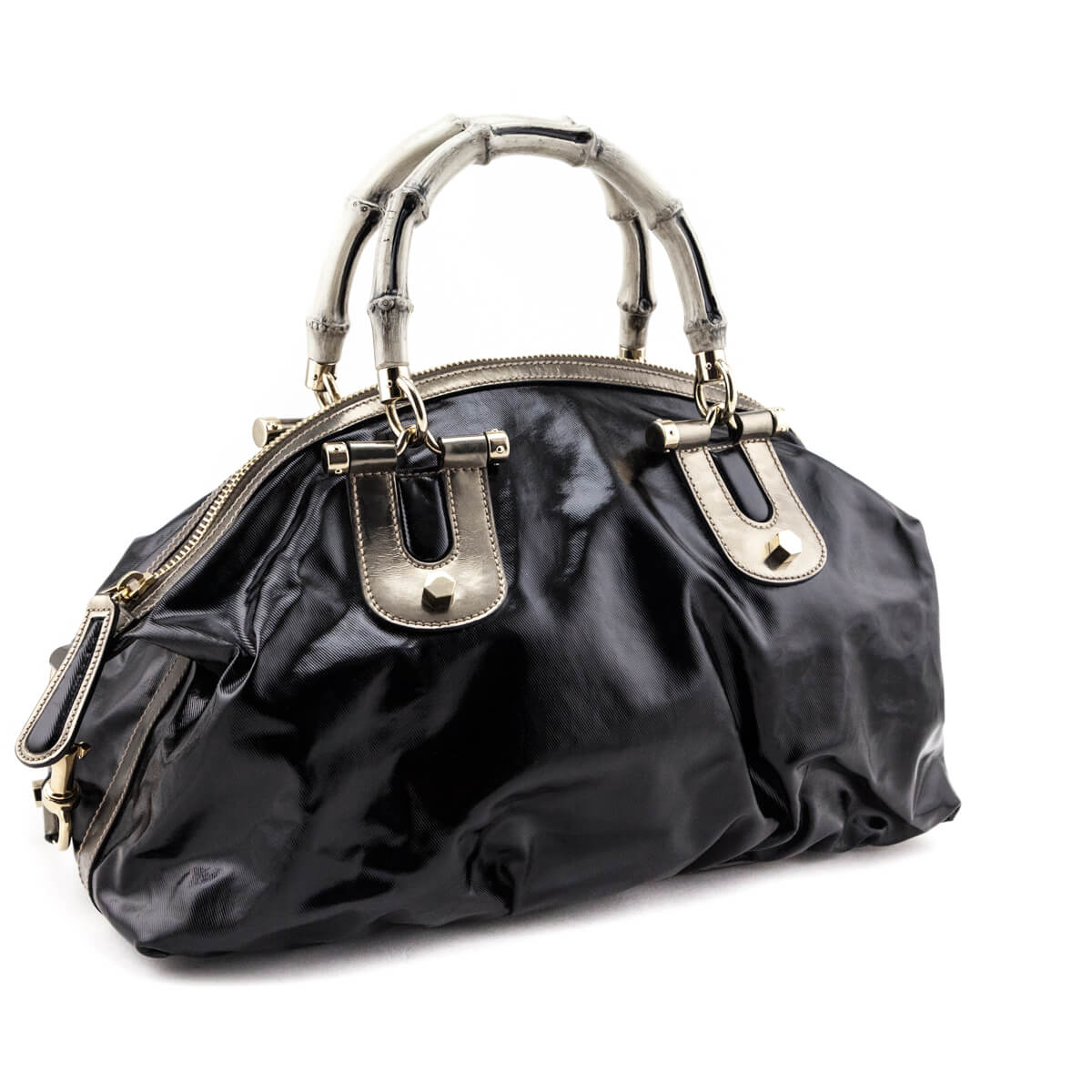 Gucci Black Patent Coated Fabric Dialux Pop Bamboo Bowler Bag