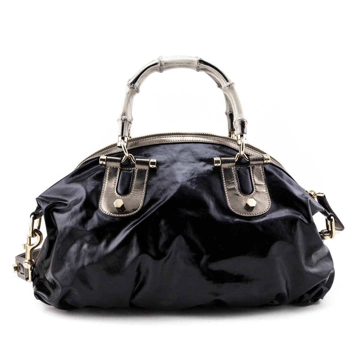 Gucci Black Patent Coated Fabric Dialux Pop Bamboo Bowler Bag