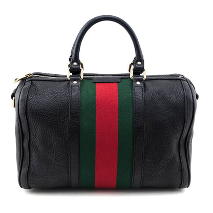 Gucci Black Pebbled Calfskin Web Boston Bag Top Handle