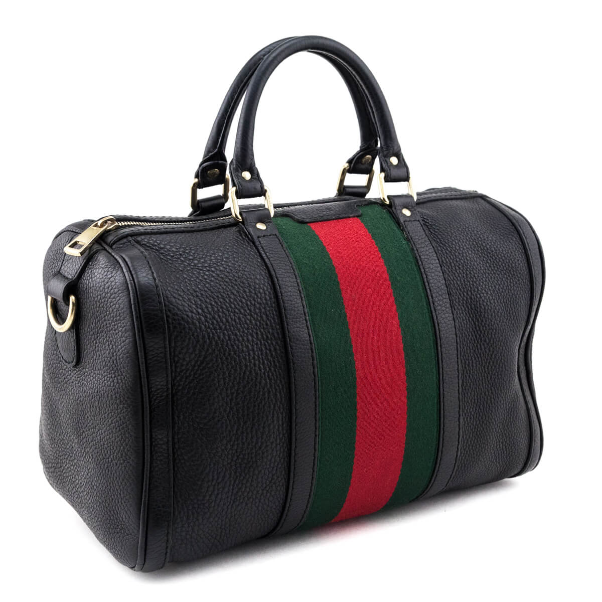 Gucci Black Pebbled Calfskin Web Boston Bag Top Handle