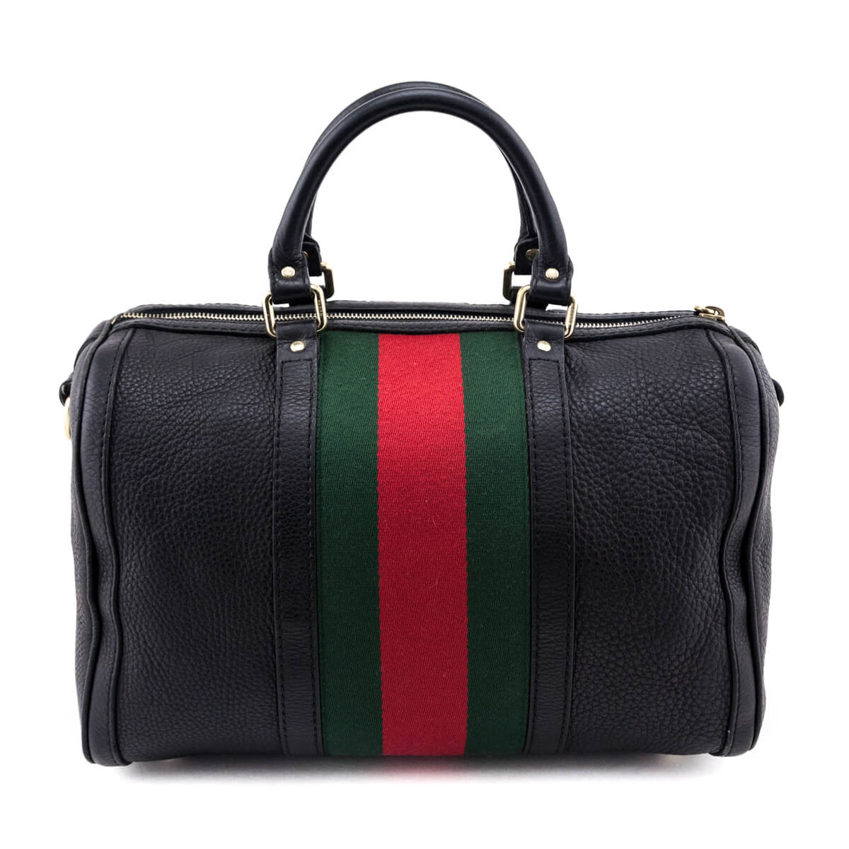 Gucci Black Pebbled Calfskin Web Boston Bag Top Handle