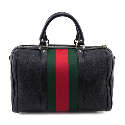 Gucci Black Pebbled Calfskin Web Boston Bag Top Handle