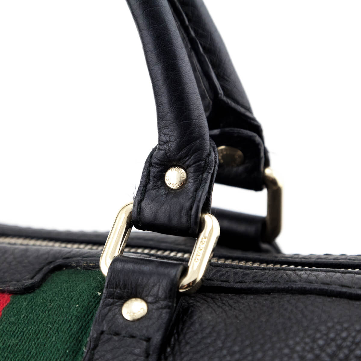 Gucci Black Pebbled Calfskin Web Boston Bag Top Handle