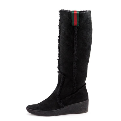 Gucci Black Suede Guccissima Web Accent Wedge Boots Size 8 | EU 38