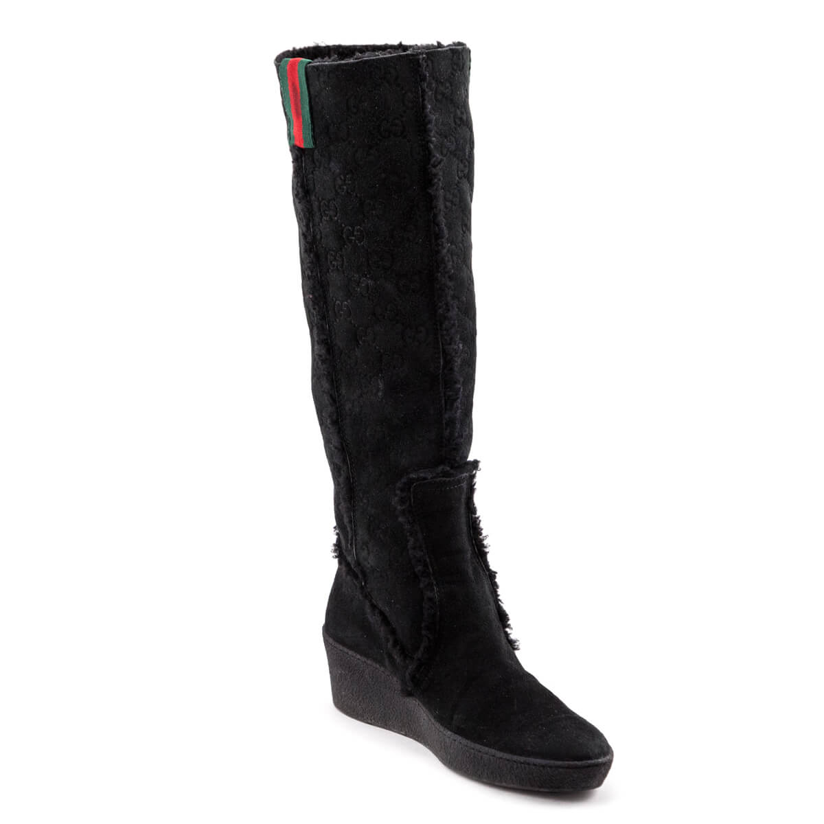 Gucci Black Suede Guccissima Web Accent Wedge Boots Size 8 | EU 38