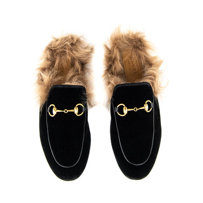 Gucci Black Velvet Princetown Shearling-Lined Horsebit Slippers Size 5 | EU 35.5