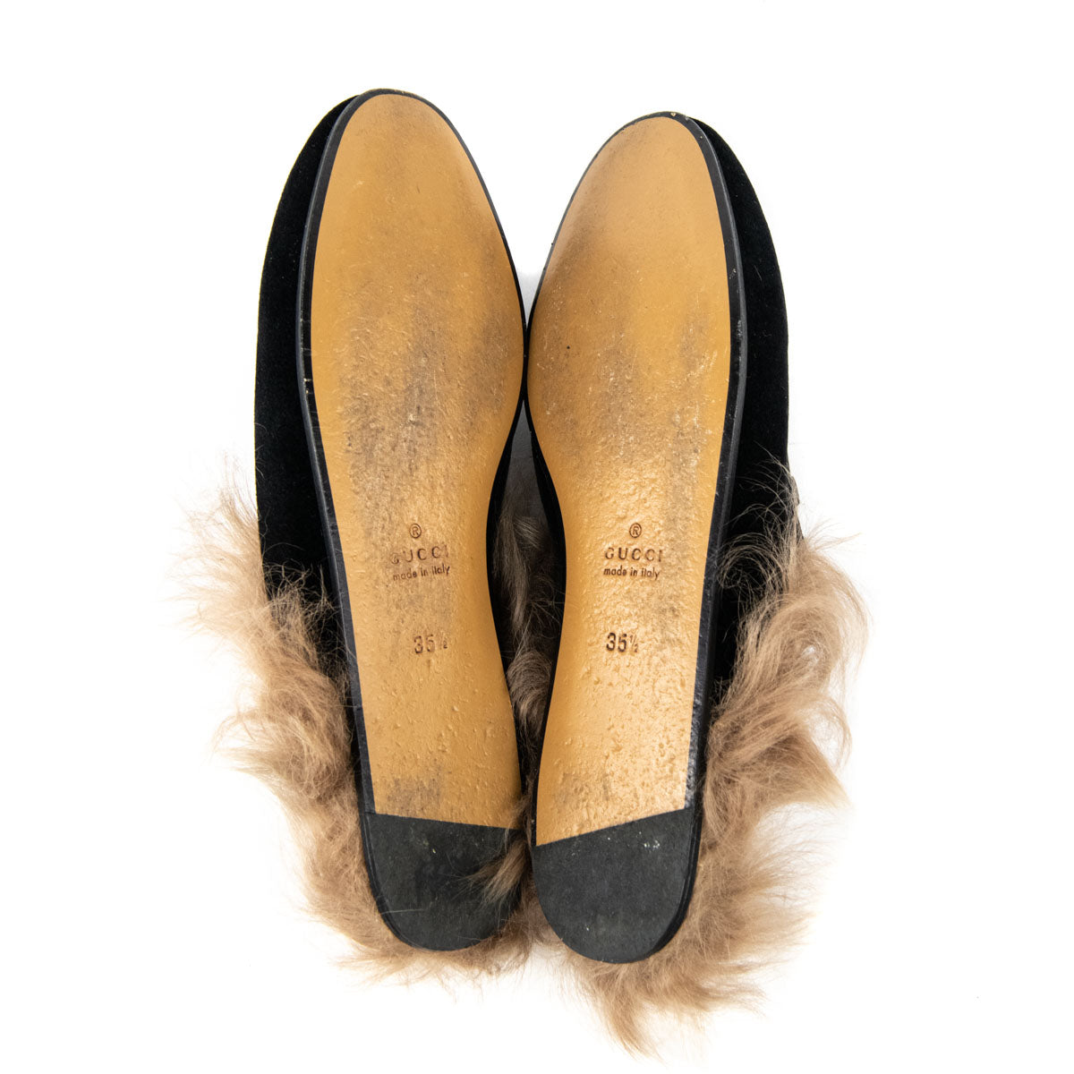 Gucci Black Velvet Princetown Shearling-Lined Horsebit Slippers Size 5 | EU 35.5