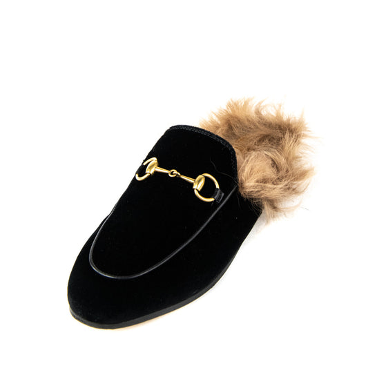 Gucci Black Velvet Princetown Shearling-Lined Horsebit Slippers Size 5 | EU 35.5