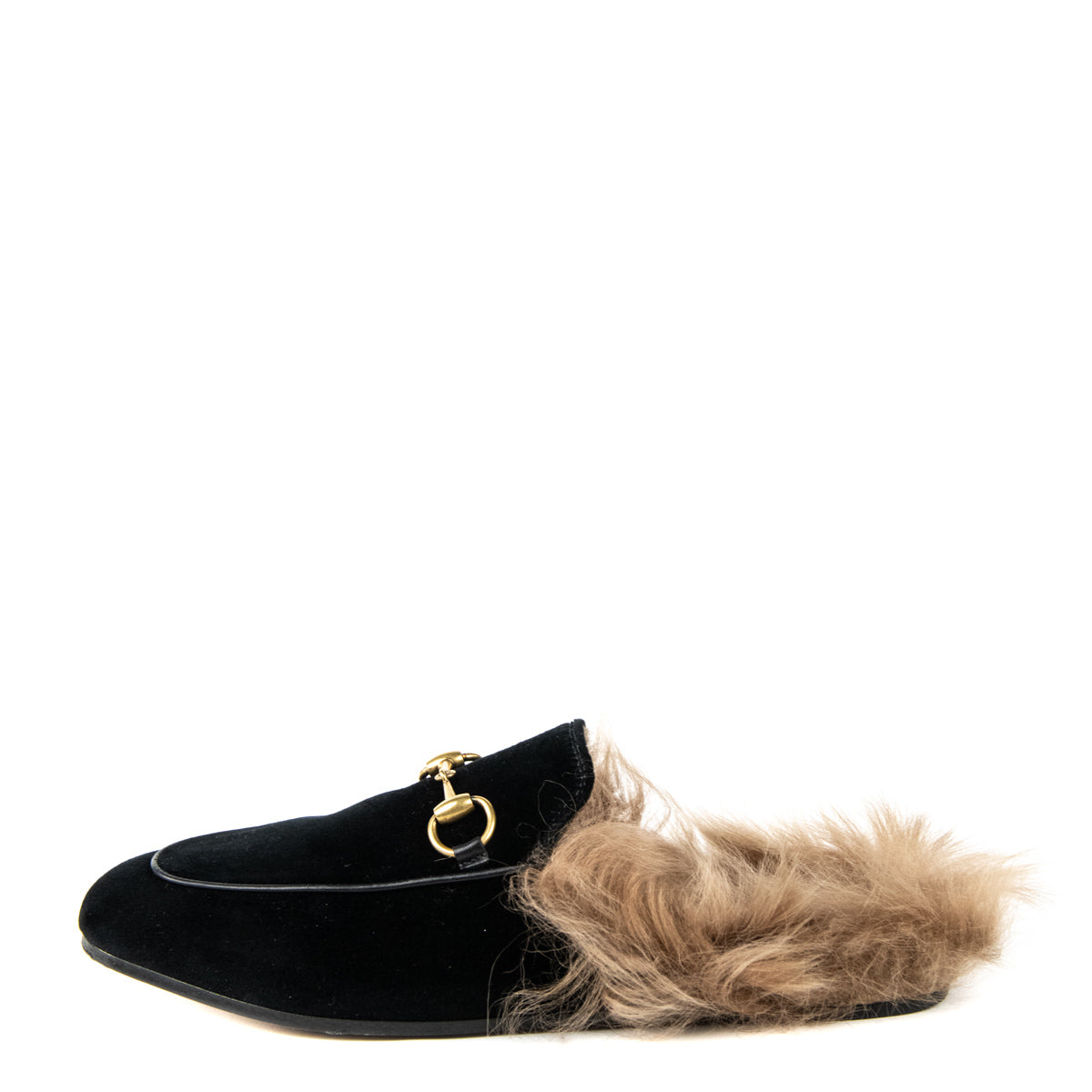 Gucci Black Velvet Princetown Shearling-Lined Horsebit Slippers Size 5 | EU 35.5