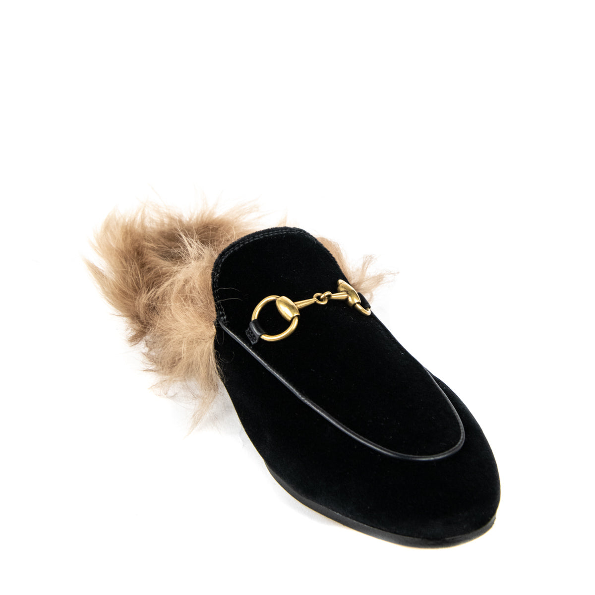 Gucci Black Velvet Princetown Shearling-Lined Horsebit Slippers Size 5 | EU 35.5