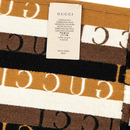 Gucci Black & Beige Striped Signature Logo Wool Scarf