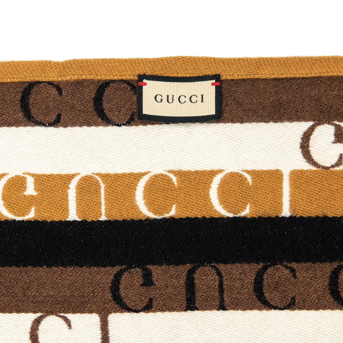 Gucci Black & Beige Striped Signature Logo Wool Scarf