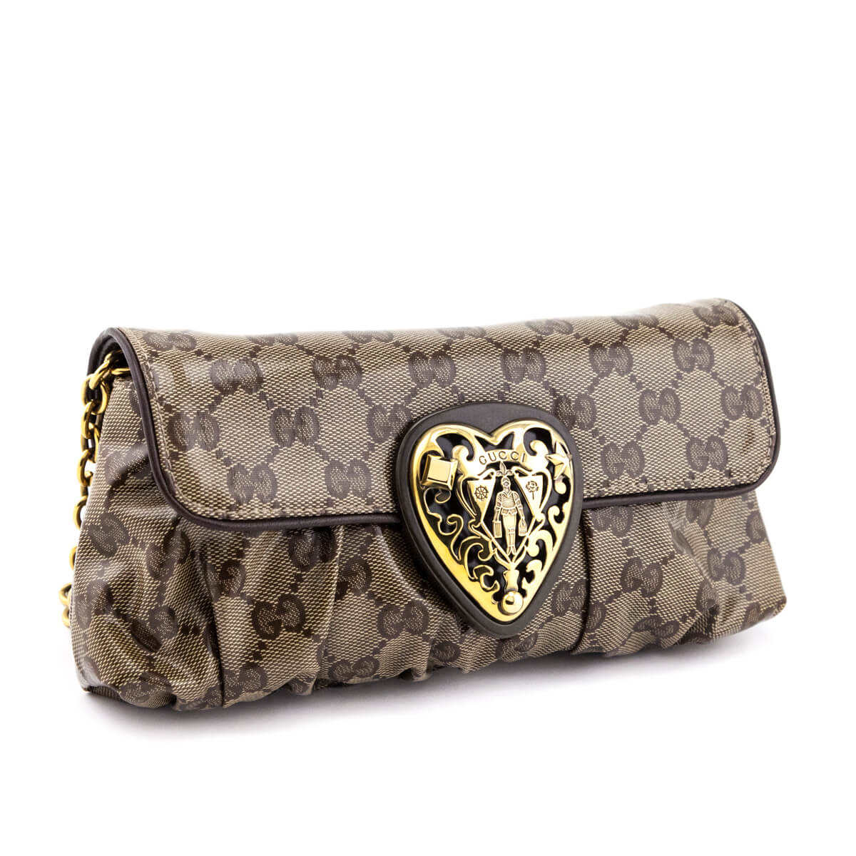 Gucci Brown Crystal Monogram Babouska Heart Pochette