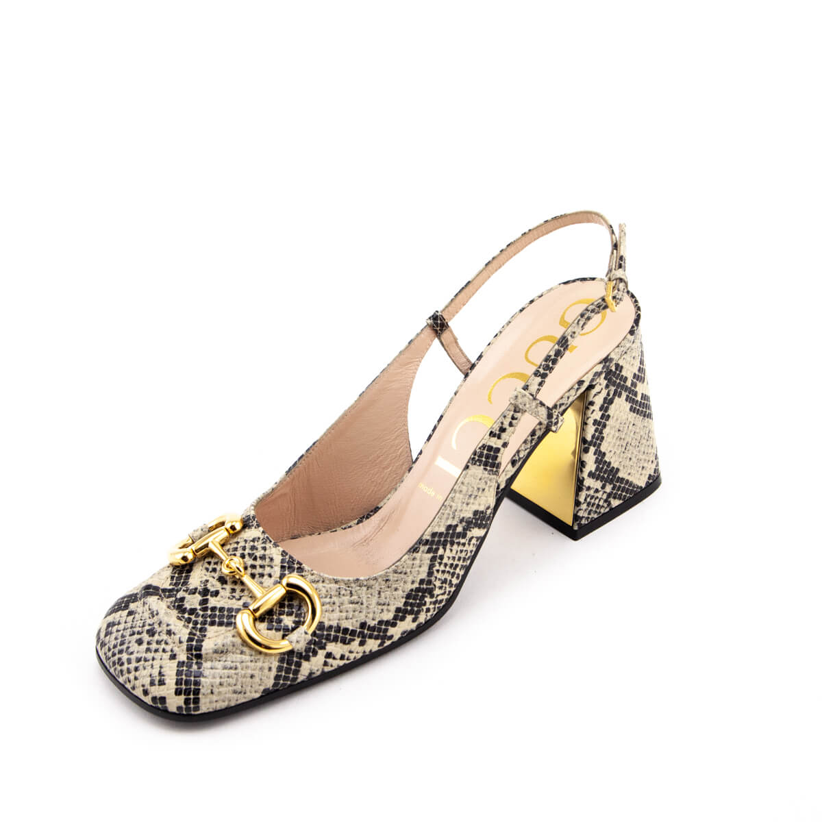 Gucci Beige & Black Leather Python Print Horsebit Accent Slingback Pumps Size 10 | EU 40