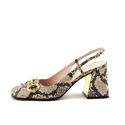 Gucci Beige & Black Leather Python Print Horsebit Accent Slingback Pumps Size 10 | EU 40