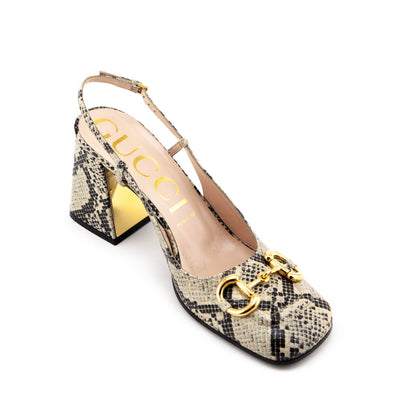 Gucci Beige & Black Leather Python Print Horsebit Accent Slingback Pumps Size 10 | EU 40