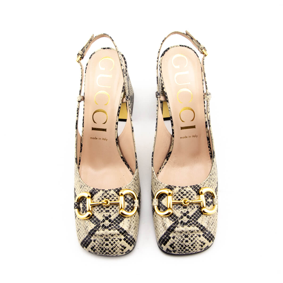 Gucci Beige & Black Leather Python Print Horsebit Accent Slingback Pumps Size 10 | EU 40