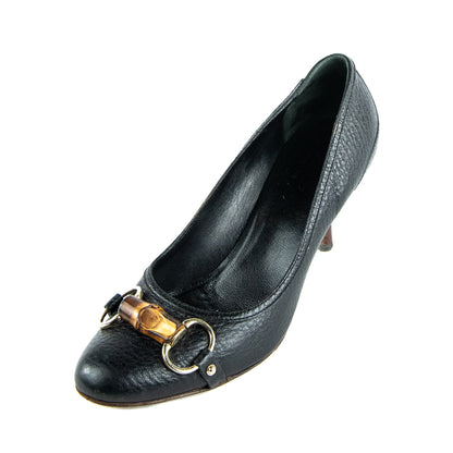 Gucci Black Leather Bamboo Horsebit Pumps Size US 7.5 | EU 37.5